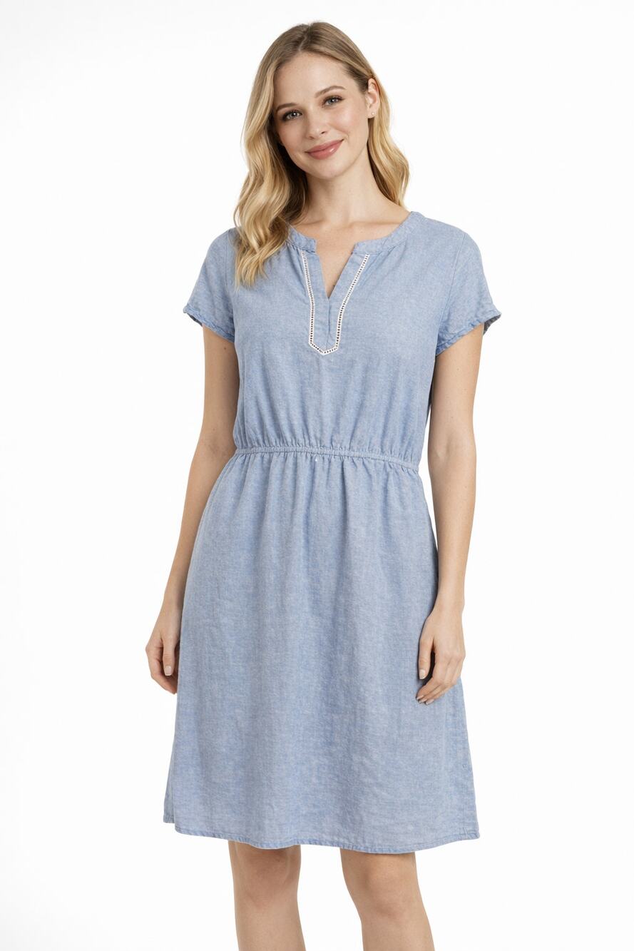 Liz Claiborne Short‑Sleeve Blue Linen Blend Dress Split Neck,Cinched Waist Med